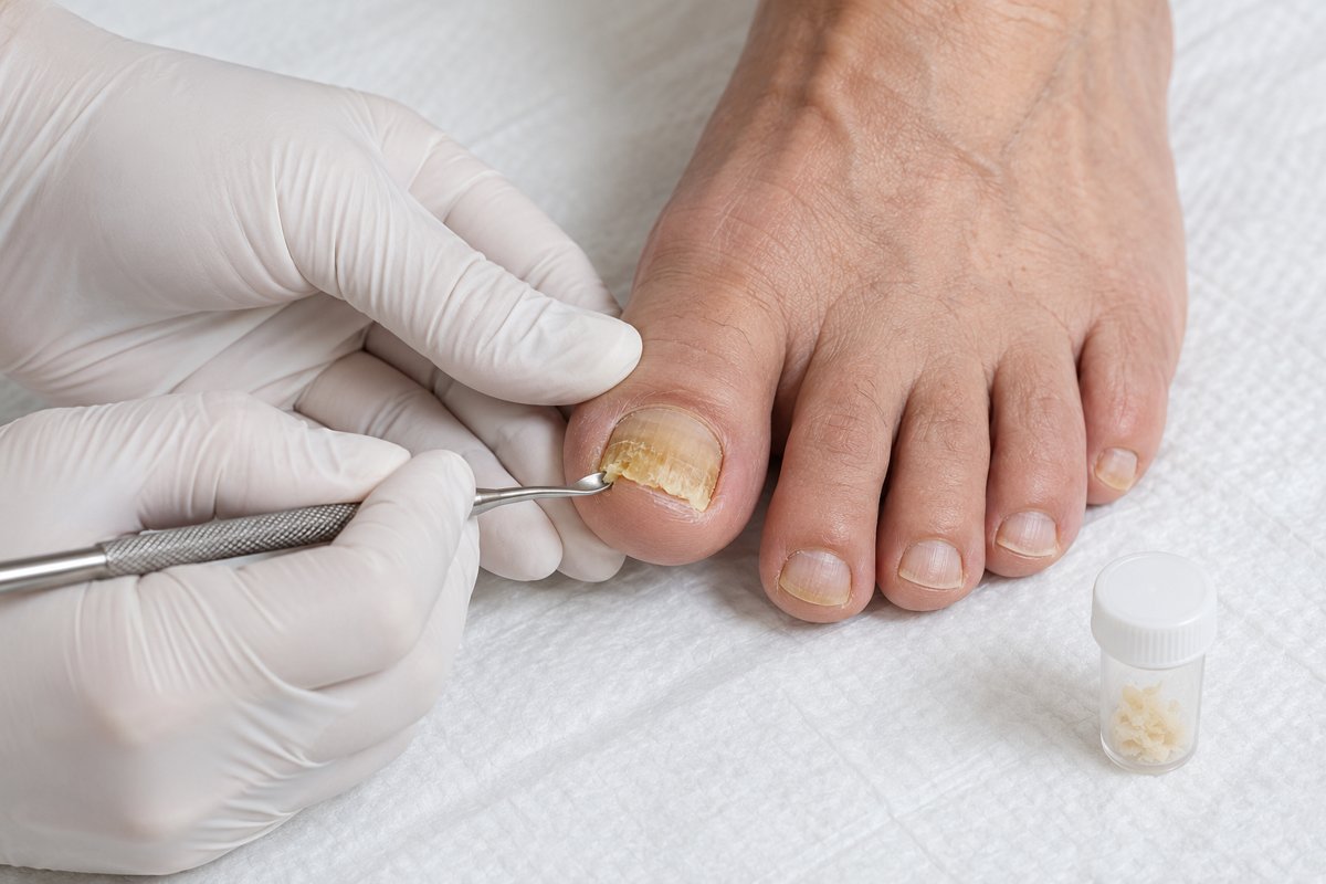 Illustration der Nagelmaterialentnahme mit Kürette bei einem veränderten Zehennagel